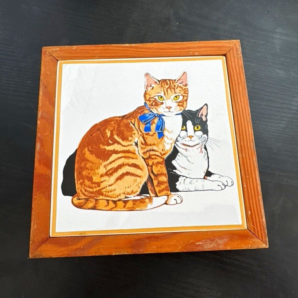 Framed Tile Print of Two Cats - Small vintage  Theme, Single Piece Tile